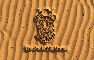 Image of sytlized lioness symbol and text "The Soul of Sekhmet" half-buried in sand.