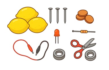 lemons, nails, coin, cables, scissors, thread and wires
