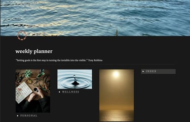 A digital weekly planner dashboard with sections for personal, wellness, and finance goals over a water ripple background.