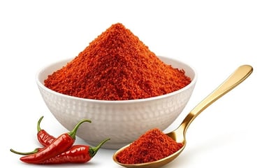 Red chili powder in a white bowl with a gold spoon and fresh red peppers on a white background.