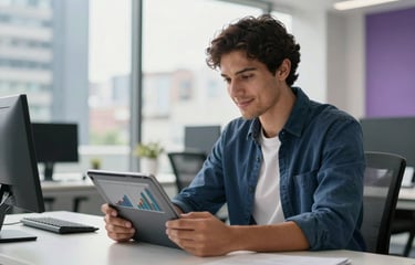 Professional photography of a young adult in a modern, sunlit office in a Latin American city, looking confidently at a digital tablet while reviewing financial charts. The atmosphere is optimistic and bright, featuring a clean workspace with accents of dark blue and soft purple.