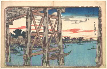 view from beneath ryogoku bridge of the twilight moon and river by hiroshige utagawa