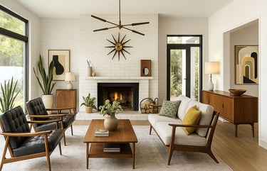 Spacious Mid-Century living room with low-profile sofas, wood beams, and sunburst clock