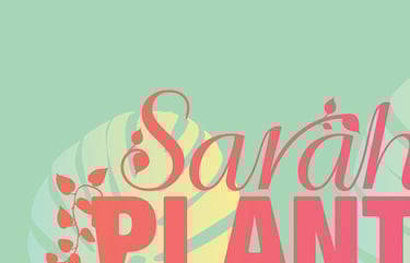 Logo featuring a bold coral-red letter ‘P’ with a botanical theme, including a monstera leaf and vin