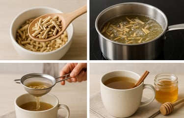 Step-by-step process of making ashwagandha tea from root and powder.