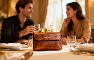 A "Sanctuary" pouch holding phones on a dinner table, allowing for an undisturbed moment.