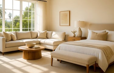 Modern custom space with bed, bench, and sectional sofa in an open layout, styled with warm neutrals and soft natural light.