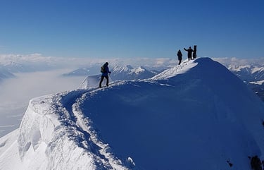 Führungskräfte erreichen gemeinsam den Gipfel – Symbol für Klarheit, Fokus und Teamresilienz