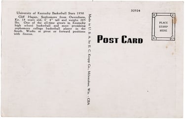 1952 Cliff Hagan University of Kentucky Basketball Stars 1950 Postcard Rookie Card Hall of Fame (bac