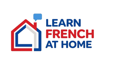 Learn French at Home logo featuring a house outline in red, white, and blue with a speech bubble.