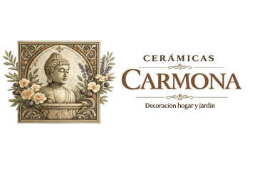 Cerámicas Carmona logo featuring a Buddha relief for home and garden decoration.