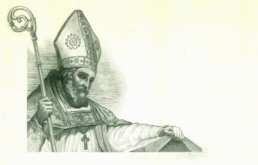 Vintage engraving of a Catholic bishop wearing a miter and holding a pastoral crozier.