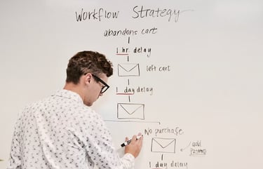 man writing process flow on whiteboard