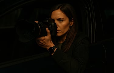 A private investigator taking surveillance photos with a professional camera from a dark car.