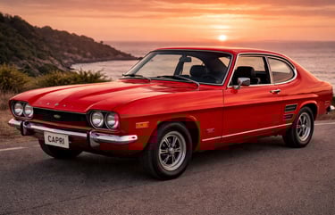 Ford Capri vermelho clássico, ícone entre carros antigos da Ford.