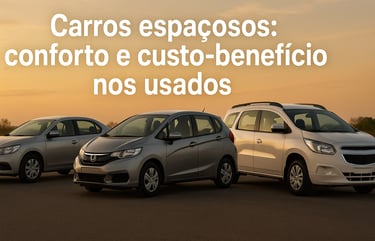 Sedã, hatch e minivan usados em cores neutras ao pôr do sol, destacando conforto e custo-benefício