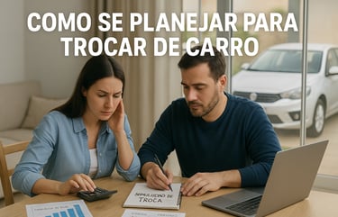 Casal sentado à mesa de casa, concentrado no planejamento financeiro para trocar de carro. Há uma ca