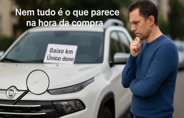Homem analisa Fiat Toro; plaquinha “Baixo km Único dono” e lupa destaca risco no capô.