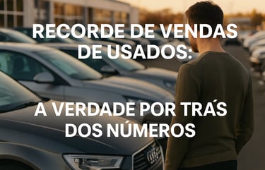 Homem observando uma fileira de carros usados em um pátio de concessionária ao entardecer, com a fra