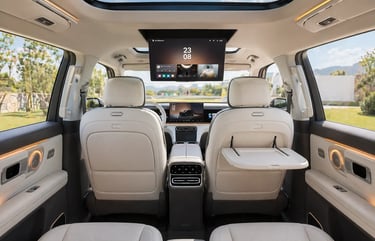 Interior de SUV da Chery com tela no teto e acabamento premium iluminado pela luz do dia