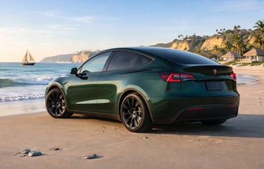 Tesla Model Y verde visto de traseira em ângulo na praia com rodas pretas