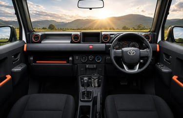 Interior da Toyota IMV 0 com painel simples e funcional destacando design focado no trabalho