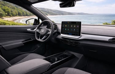 interior Volkswagen ID4 2026 painel multimidia volante e acabamento moderno