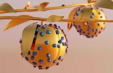 Stylized CG image of metallic ladybugs crawling on golden, metallic peaches.