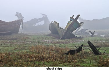 grounded wrecks in fog reminiscent of ghost shipd