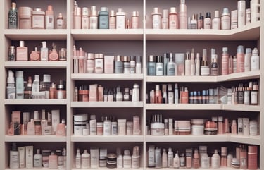 A modern, well-lit retail space with sleek white display counters and shelves. The ceiling features contemporary lighting fixtures, and the space incorporates wood and stone accents. Products are neatly arranged on the shelves, and promotional signs are visible.