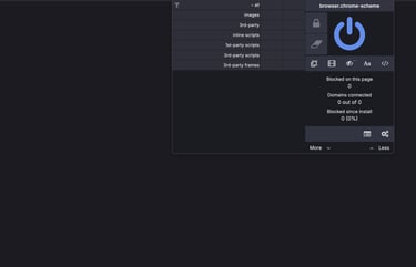 A browser extension interface for uBlock Origin showing script blocking settings and a power icon button.