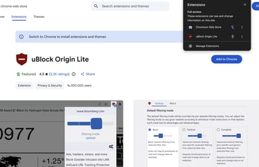 Screenshot of uBlock Origin Lite on the Chrome Web Store featuring the add to chrome button and extension settings.