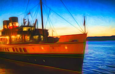 Mark Gillan digital art of the Waverley steam boat on the River Clyde with blue water and blue sky