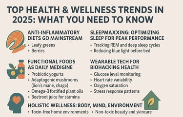Health and wellness trends 2025 featuring functional foods, sleep tracking, and mental wellness.