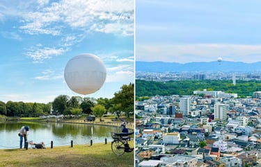 大仙公園のどら池南側で係留されるおおさか堺バルーンと、堺市役所から見た堺市街地と大仙公園の景観｜堺市のニュースならサカイタイムズ