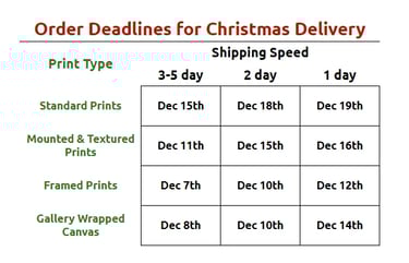 Christmas ordering deadlines for fine art prints and gallery wrapped canvas