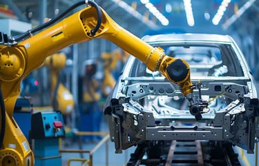 RObotic arm building a CAR in assembly line. National Pneumatic systems serves Automoblie Industries all over india