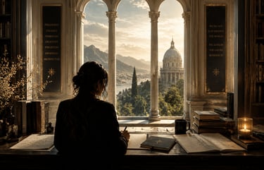 A writer working at a desk overlooking a classical cathedral dome and mountain landscape.