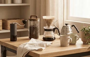 Bancada com V60 e moedor manual para preparar café em Curitiba com grãos especiais e torra fresca.