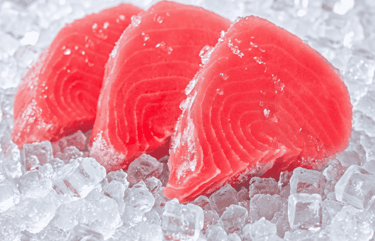Three fresh raw red tuna steaks resting on a bed of cold ice cubes.