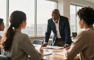 Candid wide shot of a mentorship session in a sunlit open meeting room, a senior African professional leaning forward across a table toward two young participants, notebooks open, warm afternoon light through floor-to-ceiling windows