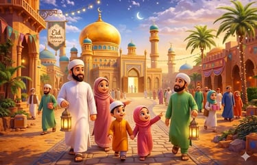3D cartoon illustration of a happy Muslim family walking to an illuminated mosque for Eid prayer, festive atmosphere.