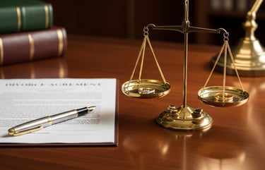 Balança da justiça sobre documentos representando divórcio e dissolução de união estável