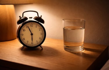 Vintage black alarm clock and a glass of water on a wooden nightstand under warm lamp light.