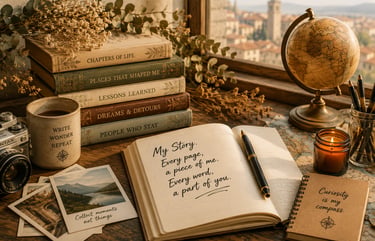 Cozy desk setup with vintage books, open journal, globe, and candle by a window overlooking a city.