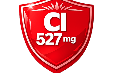 Red glossy shield icon featuring white text CI 527mg, representing a medical supplement or pharmaceutical dosage.