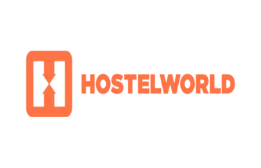 Hostelworld logo featuring an orange icon and text on a black background for budget travel bookings.