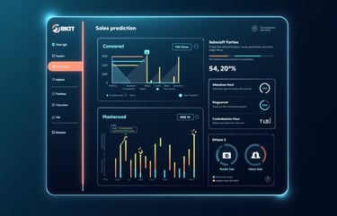 "AI-powered sales prediction dashboard showing revenue forecast, KPIs, and monthly performance trend