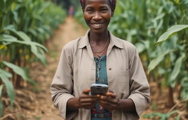 a woman in brown clothes holding a mobile phone while reading a text. Her background is a maize farm