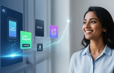 AI interface generating lead magnets next to smiling business professional and growth graph.